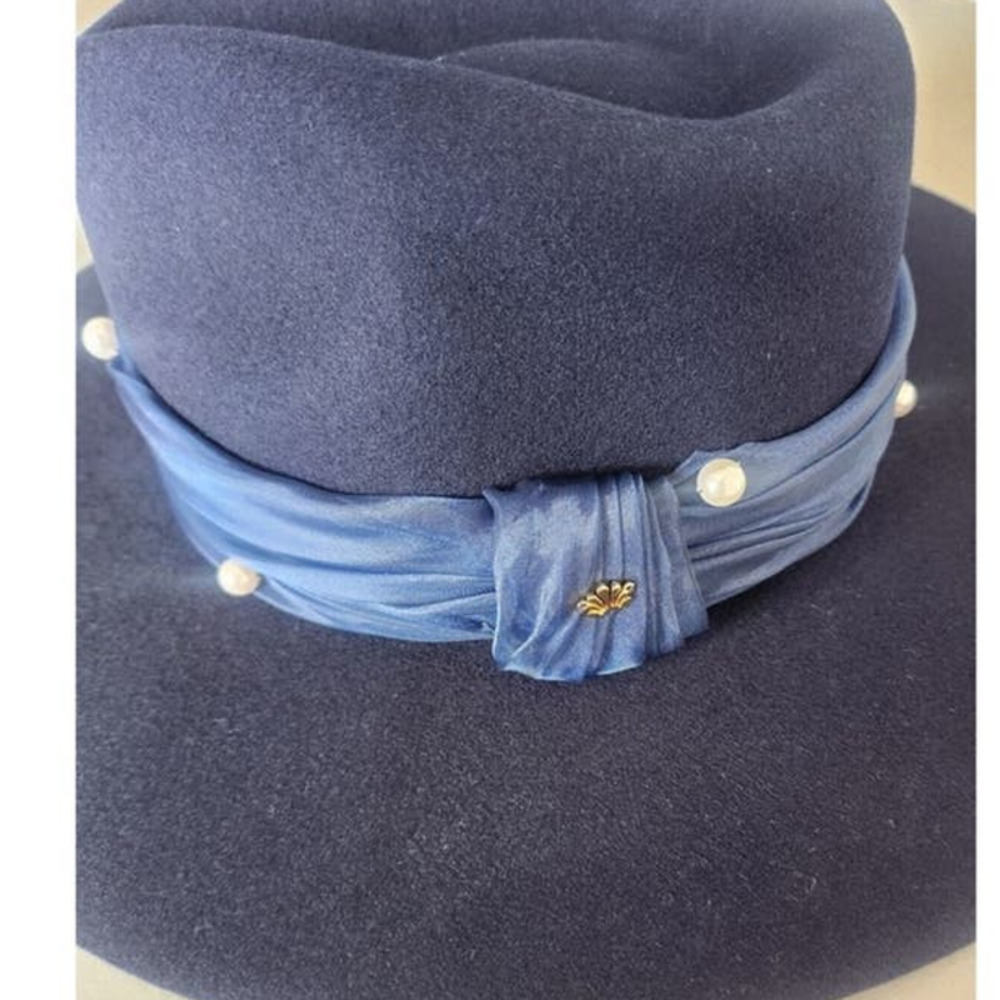NEW Anthropologie  Lele Sadoughi Farrah Wool Pearl Rancher Hat One Size Navy - Picture 9 of 9